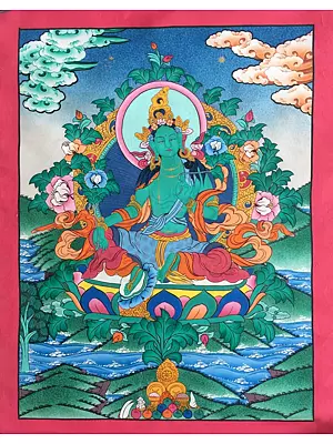 Seated Green Tara Thangka (Brocadeless ) | 24 Carat Gold, Gouache & Acrylic Colors on Cotton Canvas