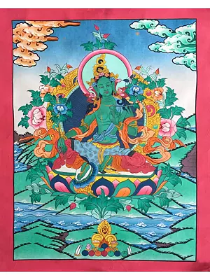 Green Tara On Lotus Thangka (Brocadeless ) | 24 Carat Gold, Gouache & Acrylic Color on Cotton Canvas