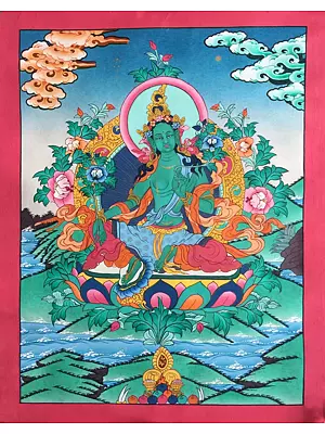 Green Tara Thangka (Brocadeless Thangka) | 24 Carat Gold, Gouache & Acrylic Colors on Cotton Canvas