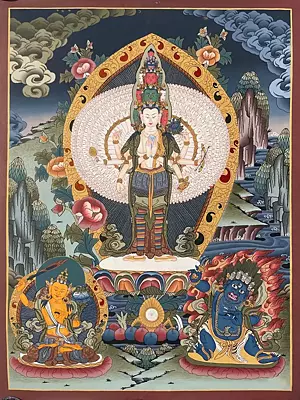 Lokeshvara Thangka Popularly known as Avalokiteshvara or Chenrezig Thangka (Brocadeless Thangka)