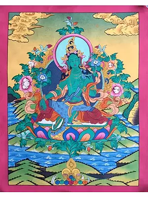 Green Tara Thangka (Brocadeless Thangka)