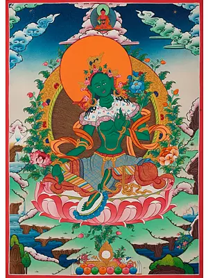 Green Tara Thangka (Brocadeless Thangka)