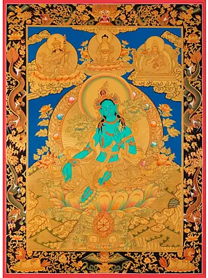 Mother Green Tara With Newari Style Border Motif (Brocadeless Thangka)