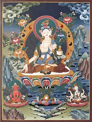 White Tara Thangka (Brocadeless Thangka)