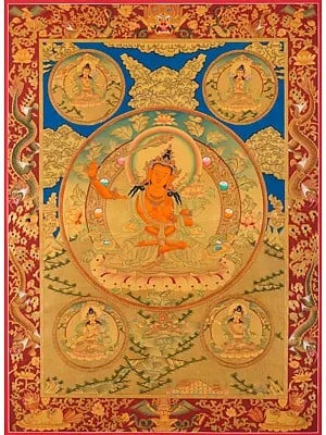 Five Forms of Manjushri in Full Gold Layout (Brocadeless Thangka)