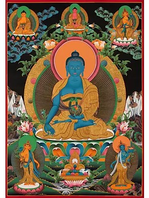Medicine Buddha with Maitreye Buddha and Amitabha (Brocadeless Thangka)