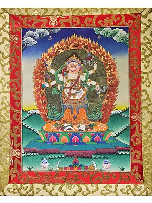 Small Sized 6 Armed White Mahakala mounted on a Brocade