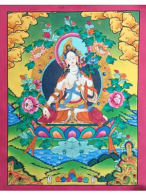 White Tara Thangka (Brocadeless Thangka)