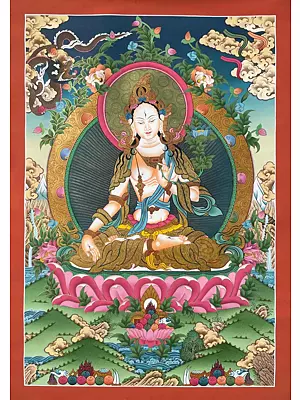 White Tara Thangka with Beautiful Color Combination. (Brocadeless Thangka)