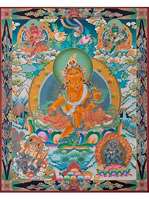 Pancha Dzambala (Brocadeless Thangka) | 24 Carat Gold With Acrylic Colors on Cotton Canvas