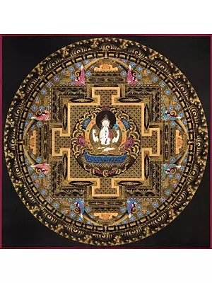 Chengrezig Mandala Black Background (Brocadeless Thangka)