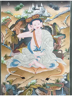 Milarepa (Brocadeless Thangka) | Pure 24k Gold | Acrylic Colors on Cotton Canvas