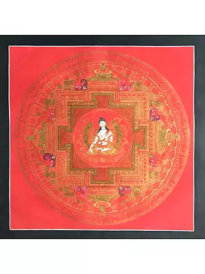 White Tara Mandala Thangka in Red (Brocadeless Thangka)