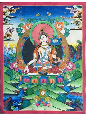 White Tara Brocadeless Thangka Painting | Acrylic Colors on Cotton Canvas