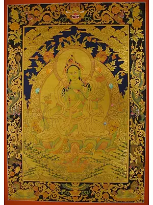 Beautiful Green Tara With Dragon Borders (Brocadeless Thangka)