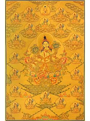 All Gold 21 Green Taras  protectors from hindrances (Brocadeless Thangka)