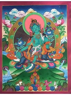 Green Tara Thangka (Brocadeless Thangka)