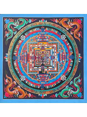 Kalachakra Mandala With Dragon Motif Thangka (Brocadeless Thangka)