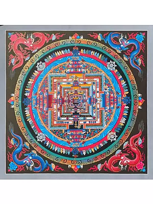 Kalachakra Mandala With Dragon Motif Thangka (Brocadeless Thangka)