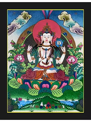 Chenrezig Thangka Painting (Brocadeless Thangka)