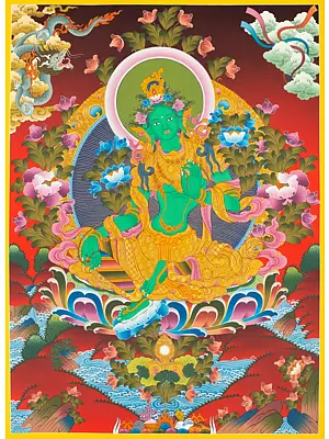 Green Tara Thangka (Brocadeless Thangka)