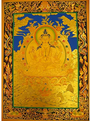 Chengrezig with Dragon Border in Blue (Brocadeless Thangka)