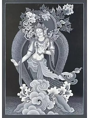 Standing White Tara depicted in Black and white colors in Nevari Style Thangka (Brocadeless Thangka)