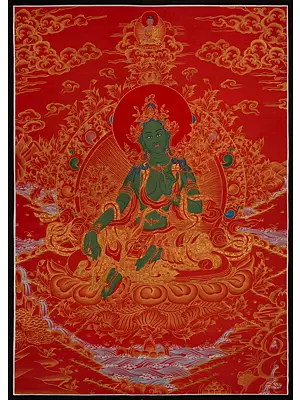 Green Tara Thangka (Brocadeless Thangka)