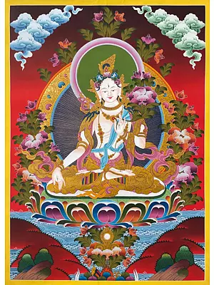 Goddess White Tara Brocadeless Thangka - Tibetan Buddhist Deity Painting