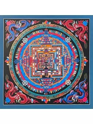 Kalachakra Mandala With Dragon Motif Thangka (Brocadeless Thangka)