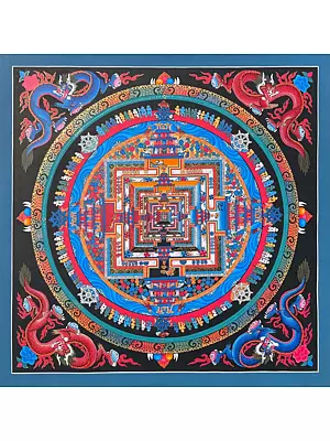 Kalachakra Mandala With Dragon Motif Thangka (Brocadeless Thangka)