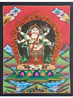 Six Armed Mahakala 24 Carat Gold Original Hand Painted Acrylic Color On Cotton Canvas 86x60 cm Full Size With Brocade