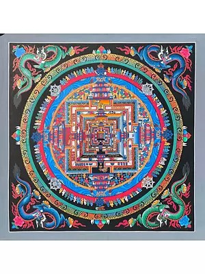 Kalachakra Mandala With Dragon Motif Thangka (Brocadeless Thangka)