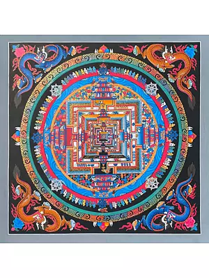 Four Corner Dragon Kalchakra Mandala Thangka (Brocadeless Thangka)