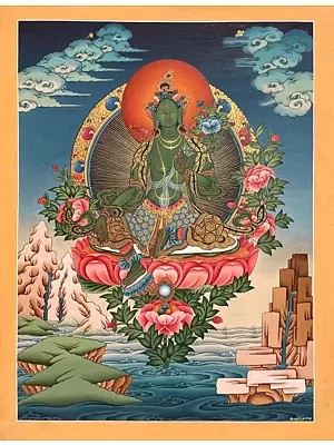 Green Tara Thangka (Brocadeless Thangka)