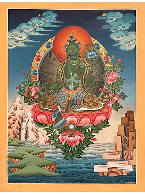 Green Tara Thangka (Brocadeless Thangka)