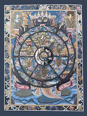 Small sized wheel of life with light blue tone Thangka (Brocadeless Thangka)
