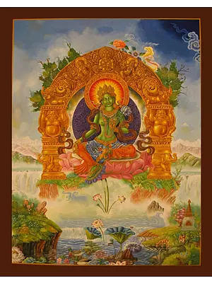 Goddess Green Tara Against an Awesome Arch (Brocadeless Thangka)