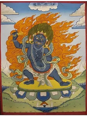 Old Small sized thangka of Boddhisattva Vajrapani with beautiful colors (Brocadeless Thangka)