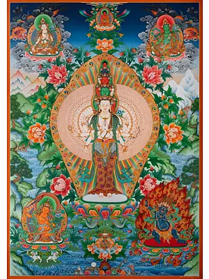 1000 armed Chengrezi surrounded by Buddhas and Boddhisatvas with 24k gold work (Brocadeless Thangka)