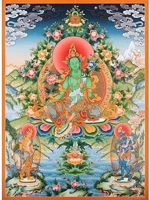 Superfine Master Piece Bhattarica Arya Green Tara (Brocadeless Thangka)