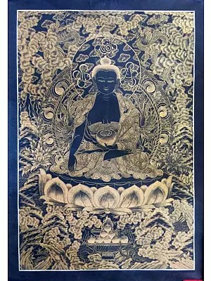 Shakyamuni Buddha (Golden Black) Thangka (Brocadeless Thangka)