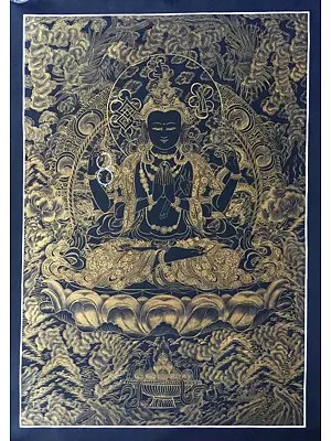 Avalokiteshvara | Chenrezigc Kalo Sunaulo (Golden Bkack) Thangka (Brocadeless Thangka)