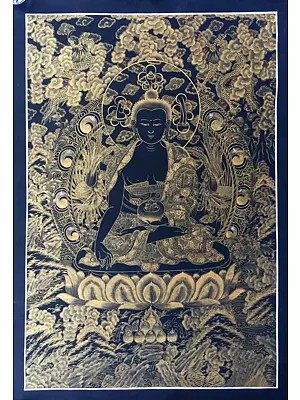 Medicine Buddha Kalo Sunaulo (Golden Black) Thangka (Brocadeless Thangka)