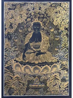 Shakyamuni Buddha (Golden Black) Thangka (Brocadeless Thangka)