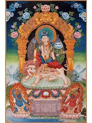 Lokeshwara Riding a Lion or Simhanada Lokeshwara,Newari Thangka (Brocadeless Thangka)