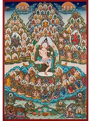 Machig Labdron Lineage or Refuge Tree in Medium Size According for Chod Practice (Brocadeless Thangka)