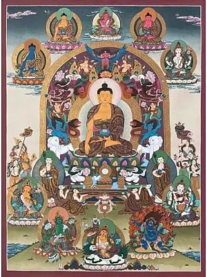 Shakyamuni Buddha on a Lavish Throne (Brocadeless Thangka)
