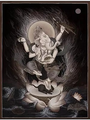 Black and white Newari Ganesh Thangka (Brocadeless Thangka)