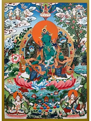 Tibetan Buddhist  thangka of Green Tara bright Color, Real Gold, Traditionally Shaded Color (Brocadeless Thangka)